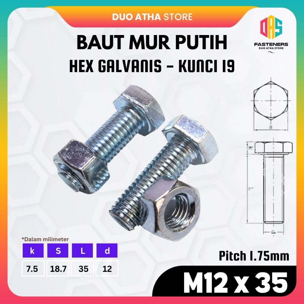 BMP M12x35 Baut Mur Putih M12 x 35 Galvanis Kunci 19