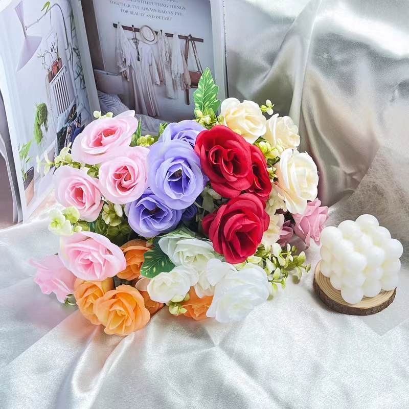 5 kepala mawar buket bunga palsu palsu satu bunga bunga dekoratif bunga sutra siap
