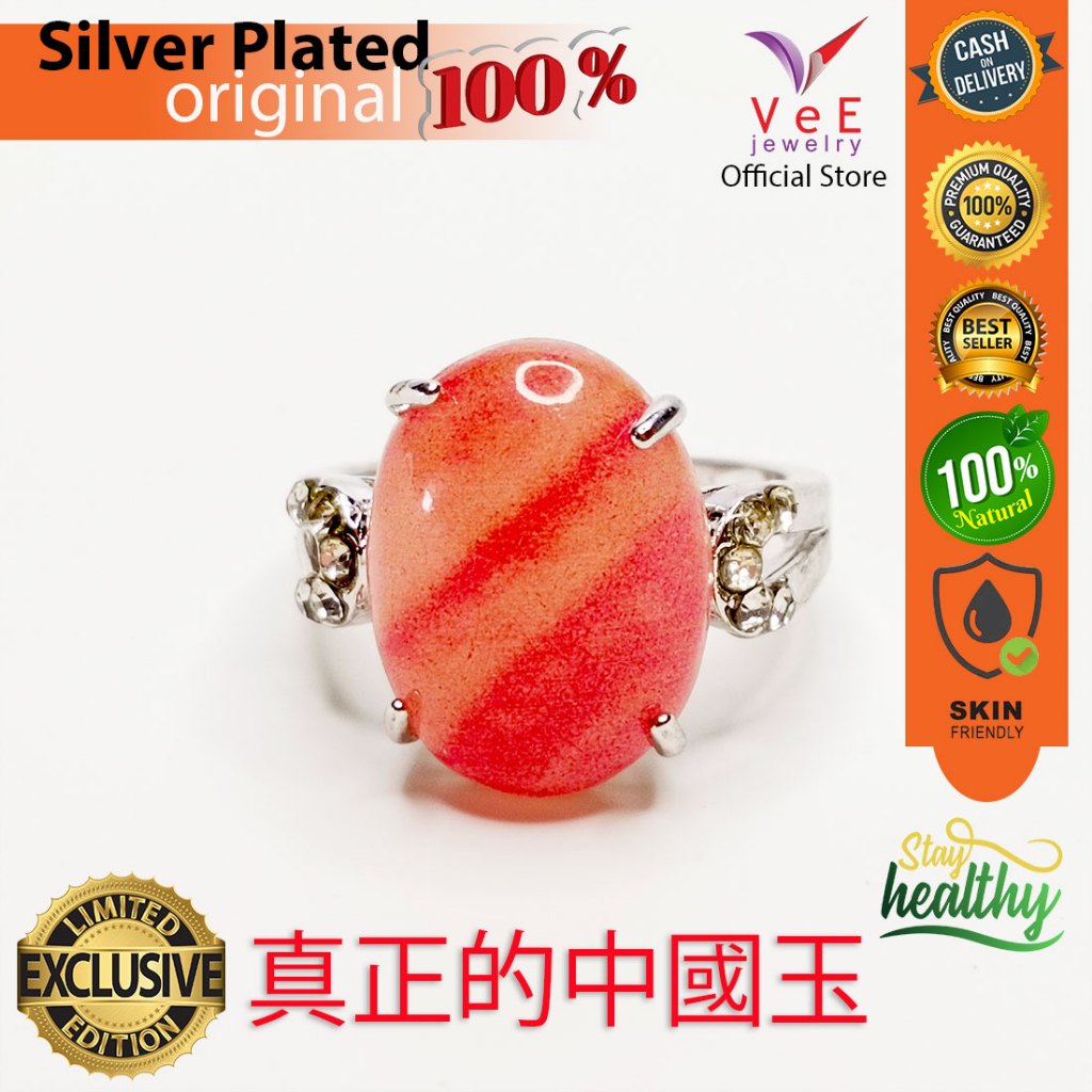 Cincin Wanita Batu Giok Marun Natural Alami Asli Cina Sterling Silver Model 1 - VeE Jewelry Cincin P