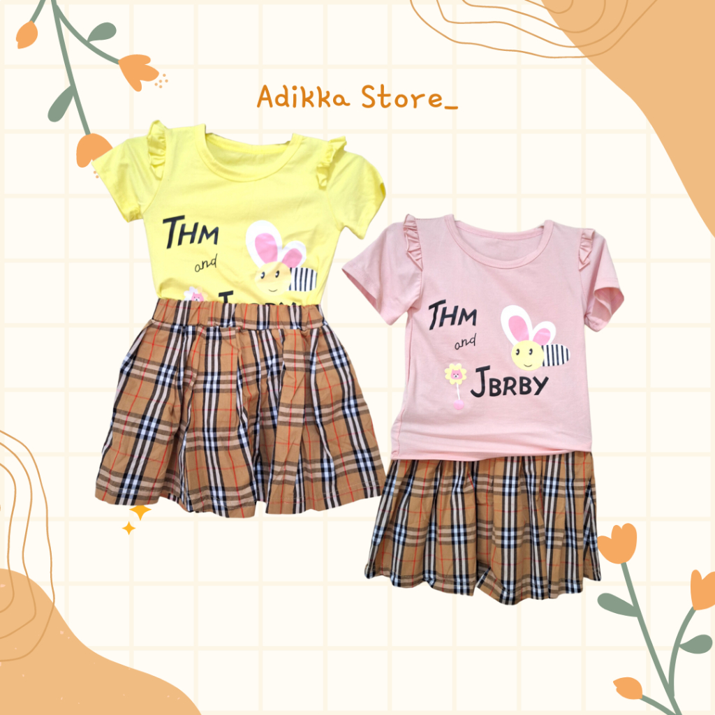 Baju setelan kaos rok motif kotak kotak anak perempuan usia 1-2 tahun
