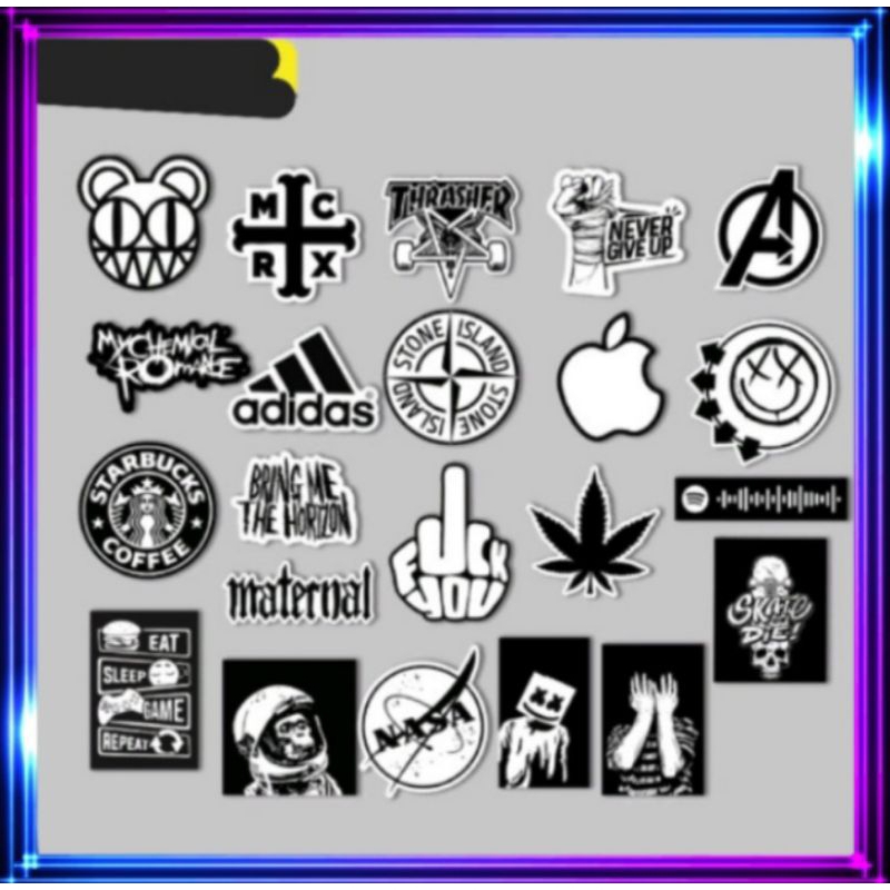 

[ 1 Pack = 8 & 15 pcs ] Stiker hitam putih band distro warna warni logo aesthetic skateboard band tumbler gitar motor botol lemari