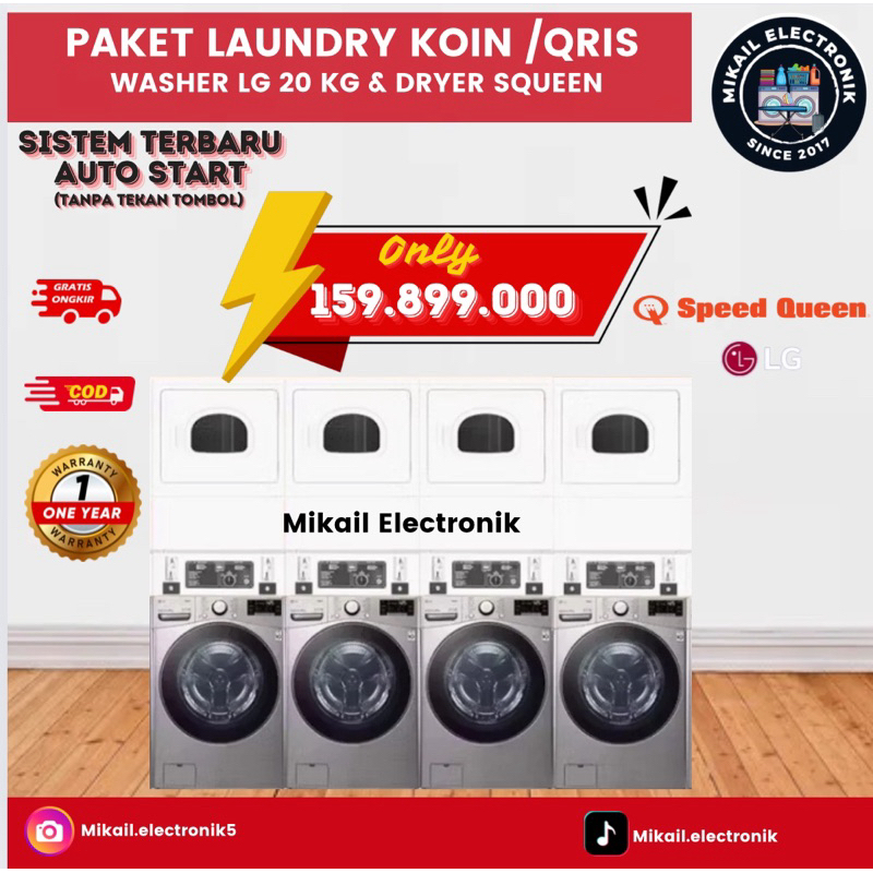 PAKET MESIN LAUNDRY KOIN MESIN CUCI LG 20KG DRYER SPEED QUEEN