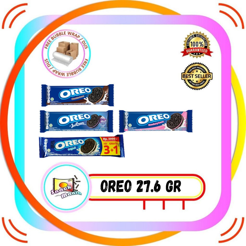 

Oreo Biscuit Sandwich Isi 3 Original Vanilla Strawberry Chocolate Ice Cream 27.6 gr LUP Sachet