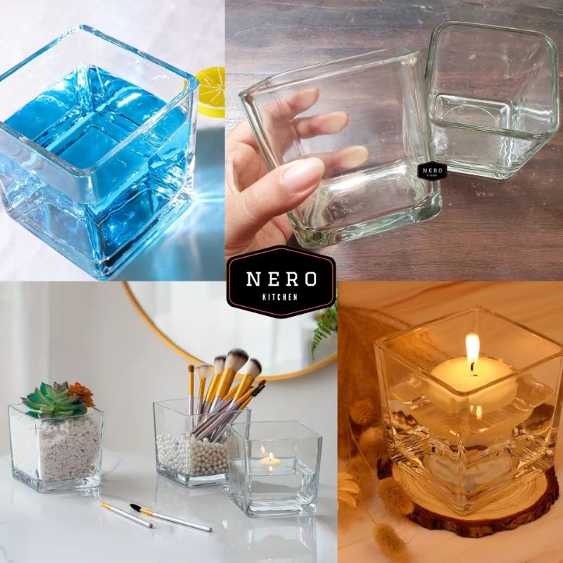 Gelas Kotak 9cm Ujung Tumpul / Gelas Kaca Kotak / Vas Kotak Kaca / Tempat Lilin kaca kotak / Square 
