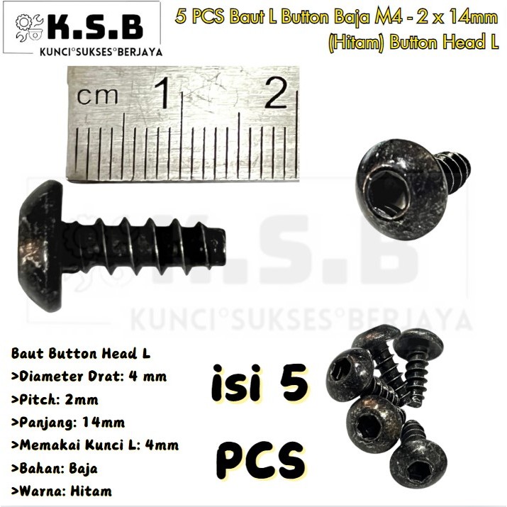 5 PCS Baut L Button Baja M4 - 2 x 14mm (Hitam) Button Head L Diameter Drat 4mm, Pitch 2mm, Panjang 1