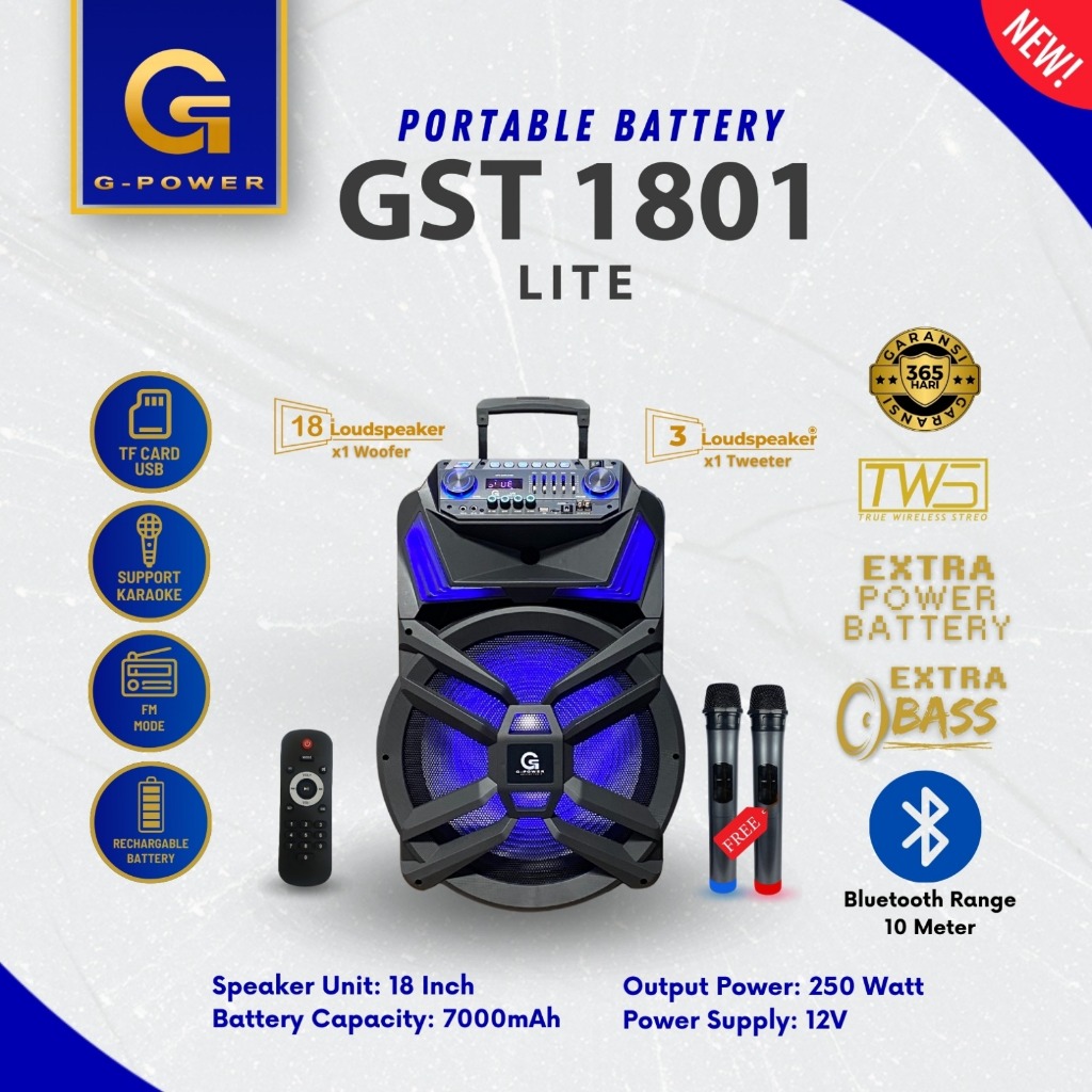 G-POWER Speaker Bluetooth Portable Gst-1801 Lite Free 2 Microphone Wireless Garansi Resmi