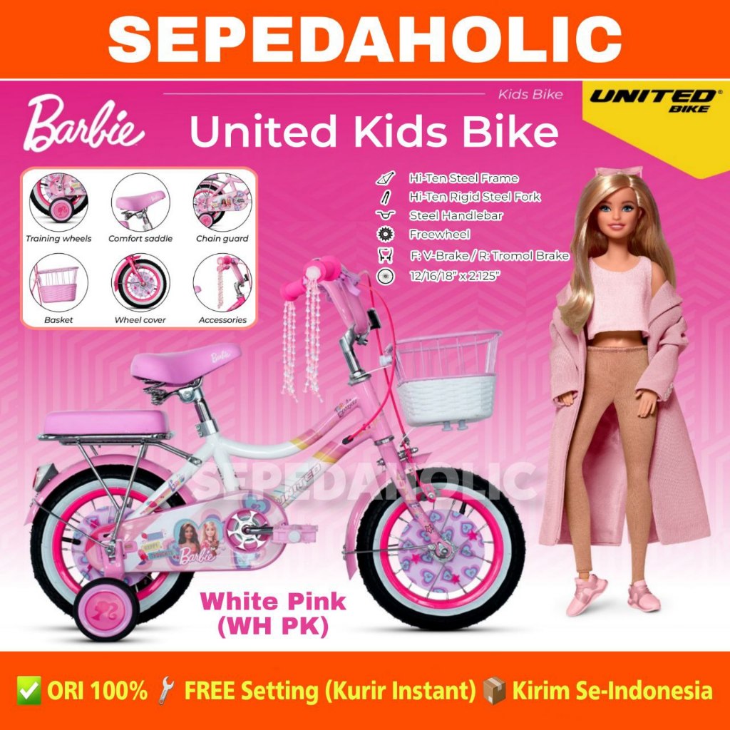Sepeda Anak Perempuan MINI UNITED BARBIE Ukuran 12 16 18 Inch Keranjang Usia 2-8 Tahun