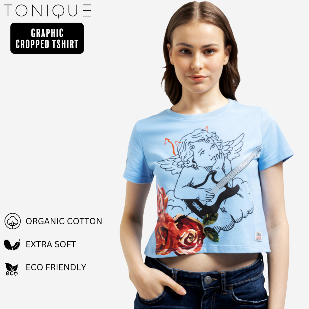 TONIQUE Kaos Crop Katun Organik Wanita Biru Muda ABBEY Womens Crop T-Shirt