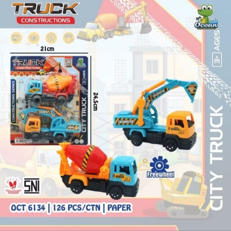 Truck Constructions OCT-6134 /City Truck / Truk Kontruksi/ Mainan Mobil Truk Molen + Escavator Toppe
