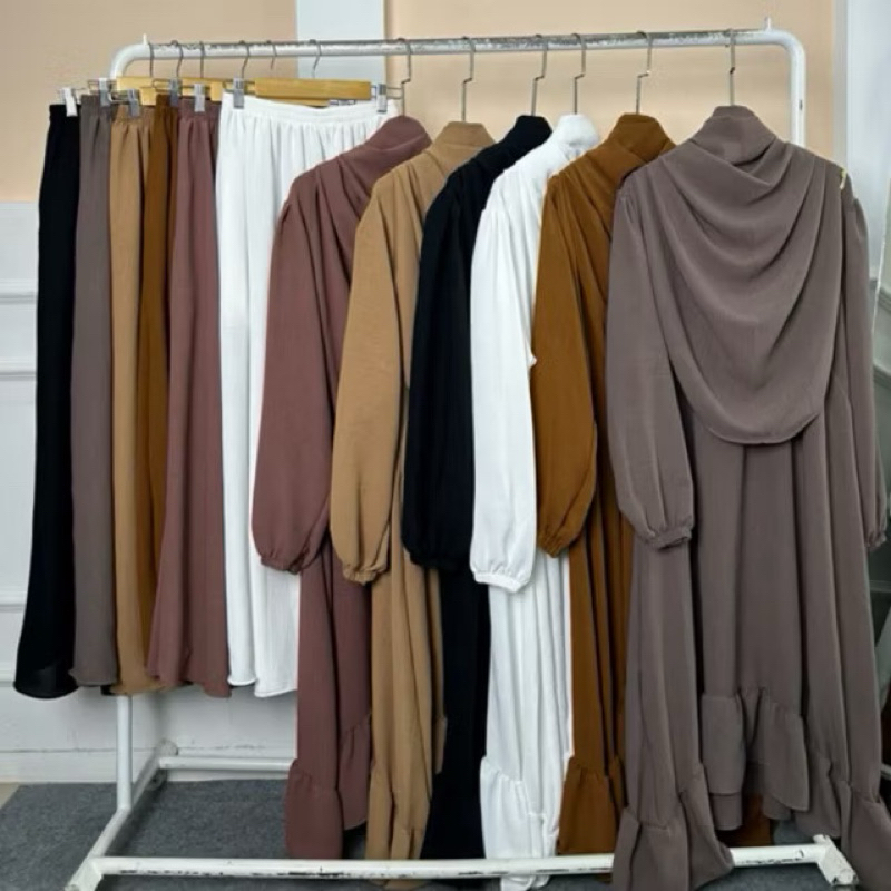 Alesha Set Rok Tunik Syar’i Premium Pashmina Oval Wanita One Set Tunik Melayu Bahan Crinkle Airflow