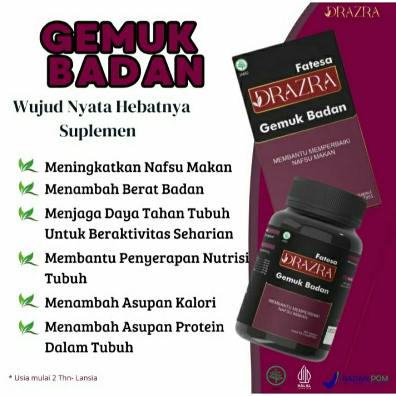 KAPSUL PENGGEMUK DRAZRA 100% ORIGINAL/KAPSUL GEMUK BADAN MERATA BERKUALITAS, AMAN, HALAL DAN BPOM
