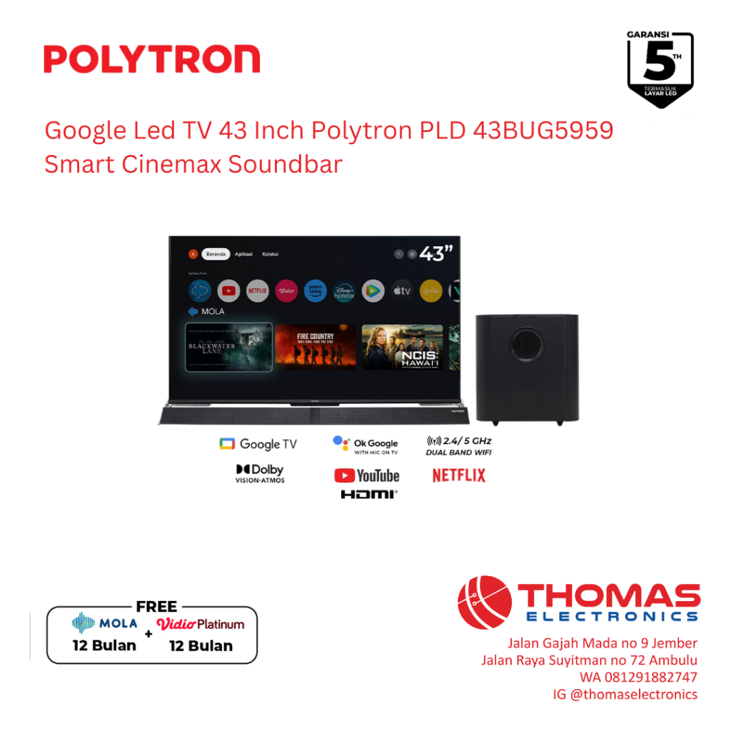 Google Led TV 4K UHD 43 Inch Polytron PLD 43BUG5959 43 BUG 5959 Smart Cinemax Soundbar Garansi Resmi