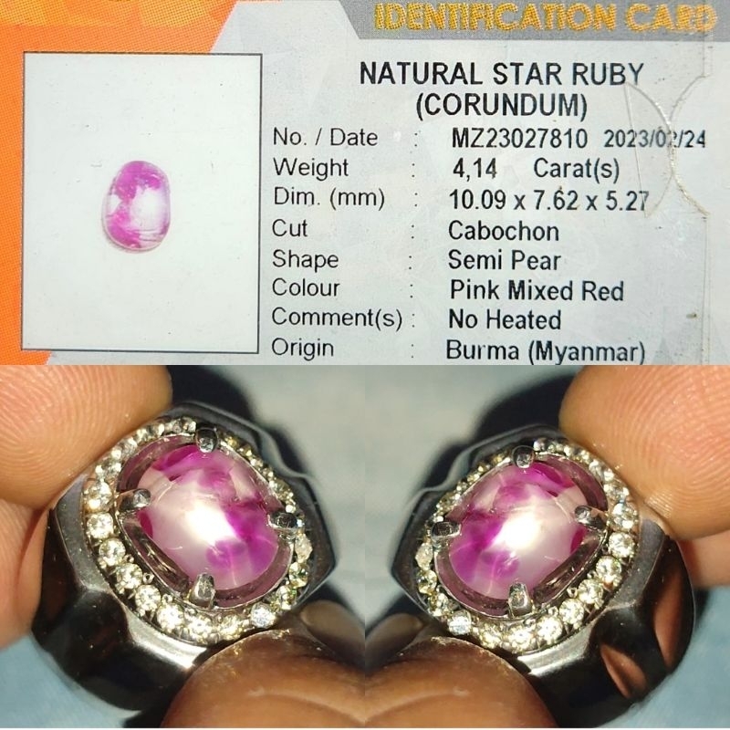 Natural Star Ruby Burma No Heated Belang Koi Merah Putih 4.1ct KGL Crystall Ring Perak Custom Pesena