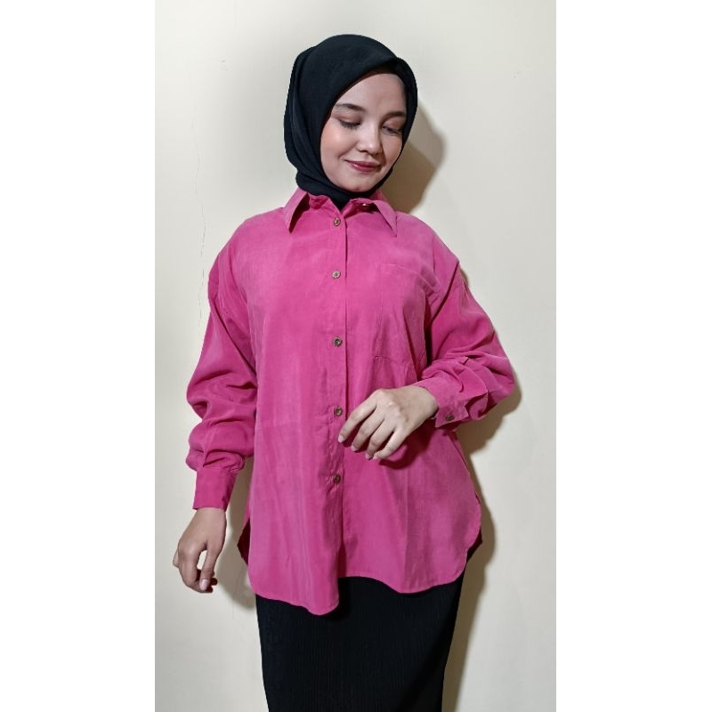 Blouse Kasual Pola Kemeja Wanita Oversize Popplin - Atasan Kemeja Wanita Lengan Panjang - Blouse Ker