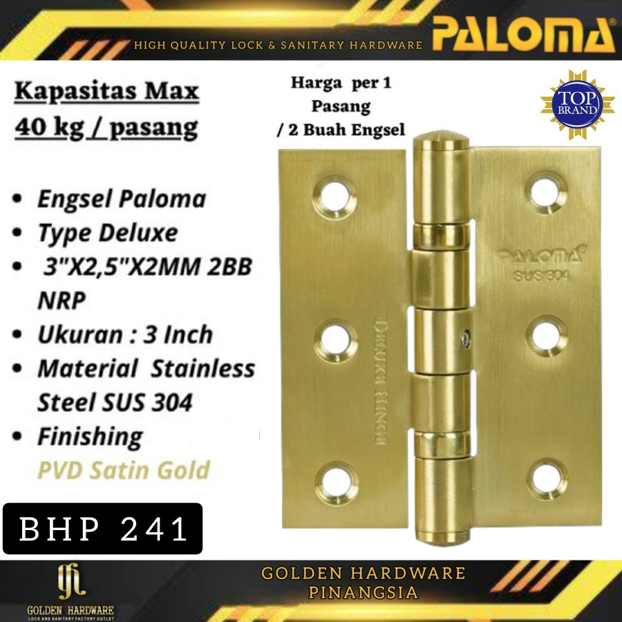 ENGSEL PINTU JENDELA KUPU KUPU HINGE STAINLESS 3" INCH GOLD EMAS NRP PALOMA BHP 241