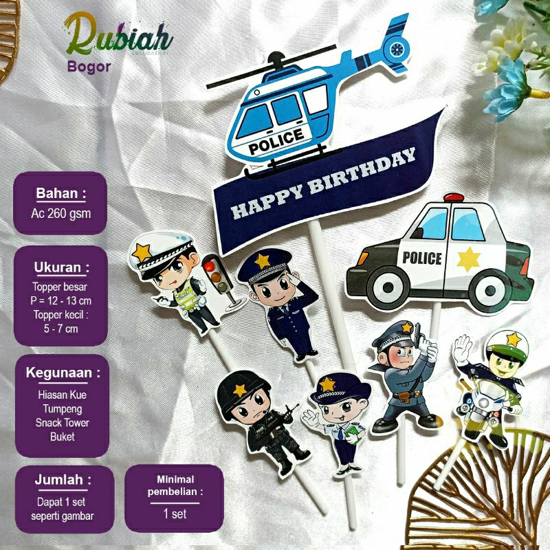 Cake Topper Karakter Polisi Happy Birthday 1 set / Hiasan Tusukan Kue Tart Ulang Tahun Anak