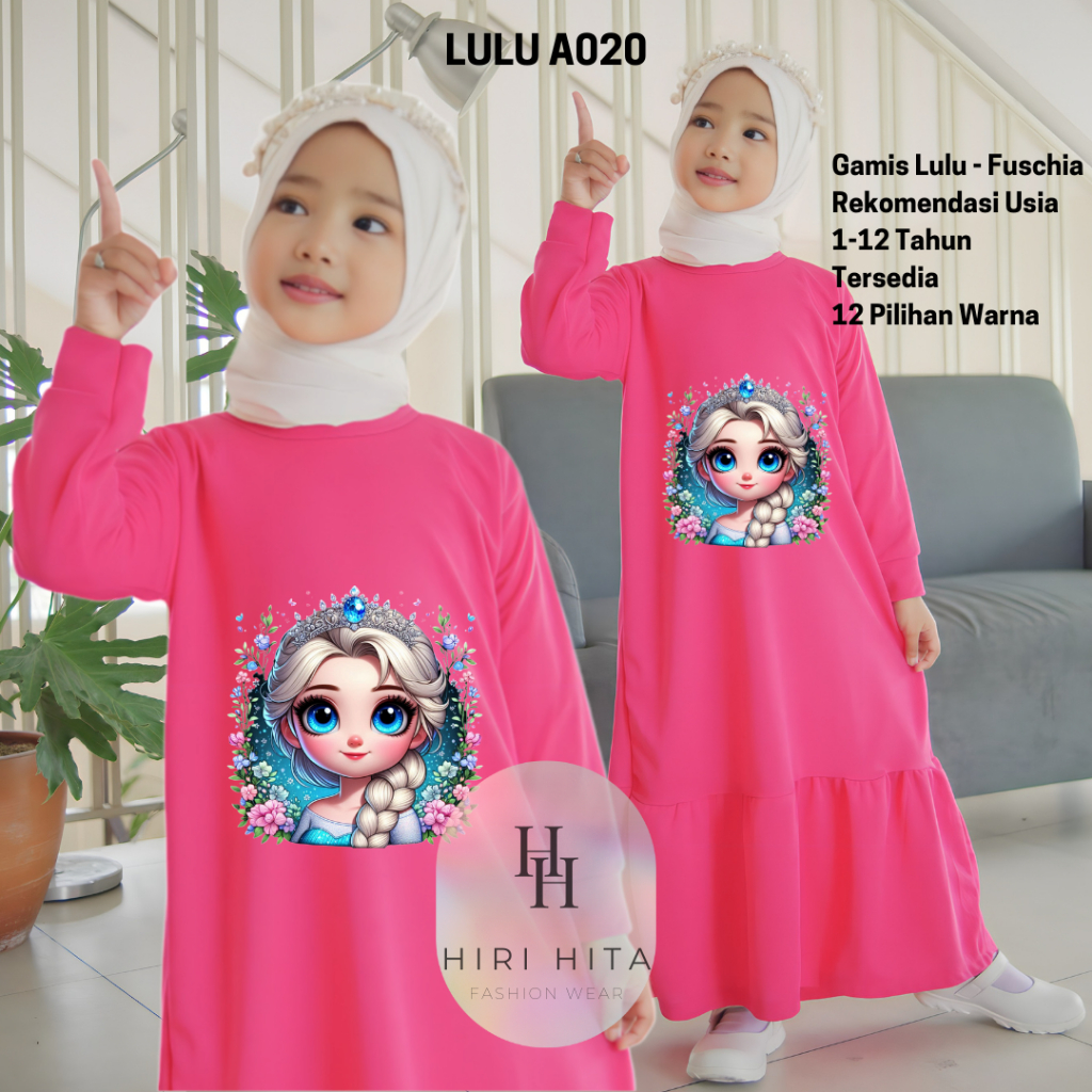 Hirihita A020 Baju Gamis Lulu Anak Perempuan Princess Elsa Frozen 12 Pilihan Warna 1-12 Tahun