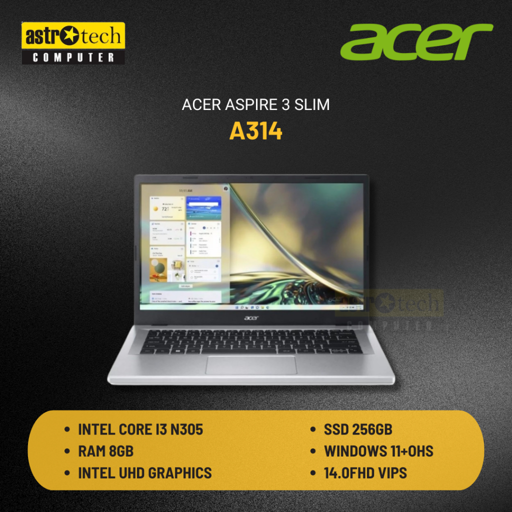 LAPTOP ACER Aspire 3 Slim A314-36M i3-N305 8GB SSD 256GB Gen4 14" FHD W11 OHS