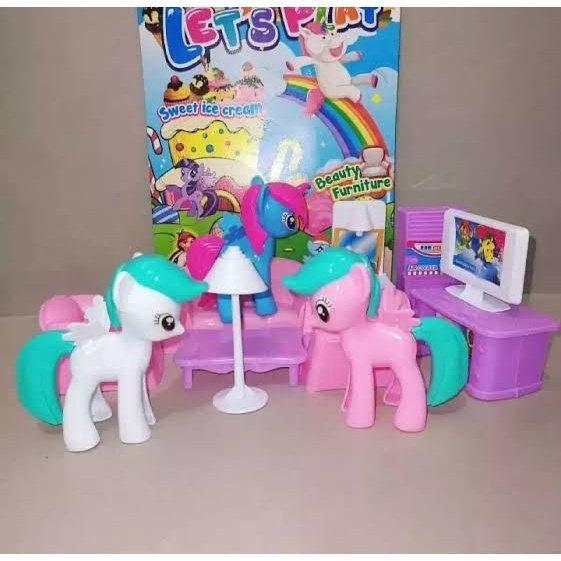 Mainan Anak Perempuan 3 pcs Kuda Pony dan Perabotan Cocok Untuk Kado Fi557