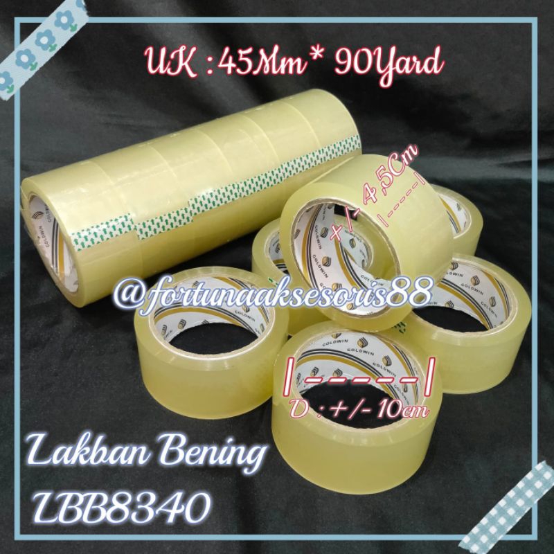 

LAKBAN BENING 45MM X 90 YARD / LAKBAN GOLDWIN TRANSPARAN / ISOLASI BENING SUPER KUAT / SOLATIP PEREKAT / CLEAR DUCT TAPE PACKAGING / LBB8340