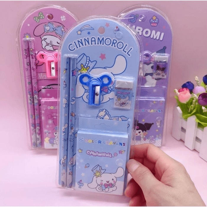 

PENSIL SET CRAYON KRAYON PENGHAPUS RAUTAN SERUTAN SANRIO KUROMI MY MELODY CINNAMOROL CINAMOROL