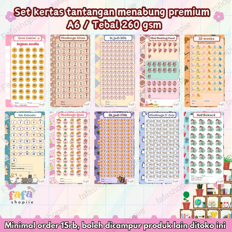

10pcs kertas Menabung A6 Premium super cute, Isi 10 lembar, Saving challenge binder A6, tebal 260gsm