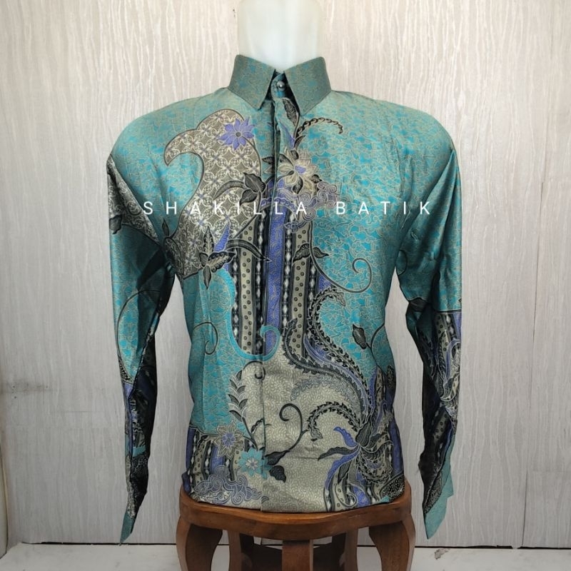 Kemeja Batik Pria Lengan Panjang Bahan Silky Premium Motif Mega Mendung Warna Hijo Ungu