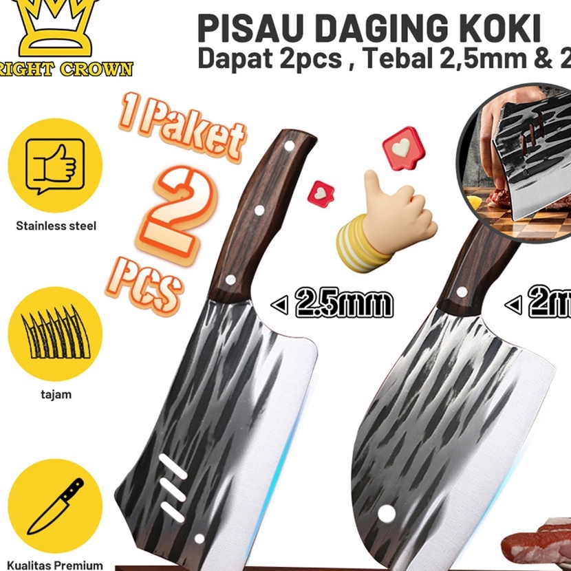 Terlaris Bright Crown Set Pisau Koki Dapur Super Tajam Stainless Gagang Kayu  Golok Cacah Daging dan
