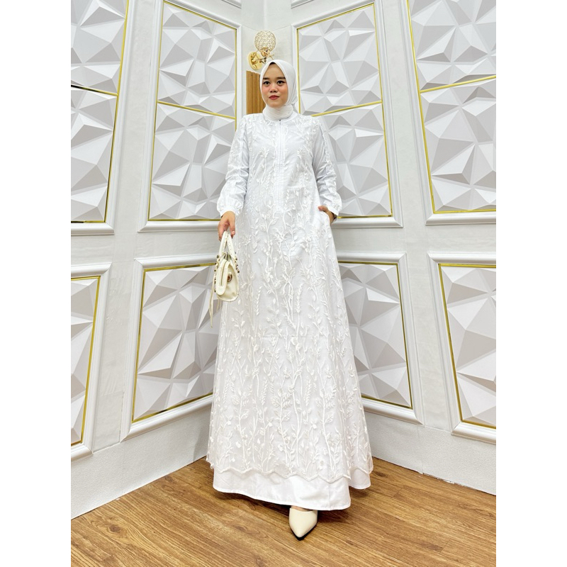 Abaya Maxy Putih Kombinasi Borkat Bahan Katun Twill Gamis Umroh Haji Pakaian Wanita Muslim Premium