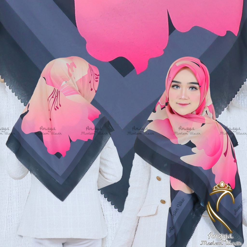 Jilbab Segi Empat Motif Syar'i 130x130 Voal Sublime Bunga Lis hitamAnaya-VScarvest