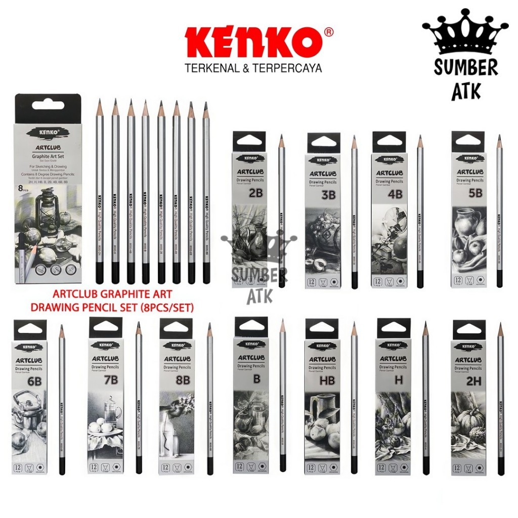 

Drawing Pencil Pensil Menggambar ART CLUB KENKO 2B 3B 4B 5B 6B 7B 8B B HB H 2H 8000-8S