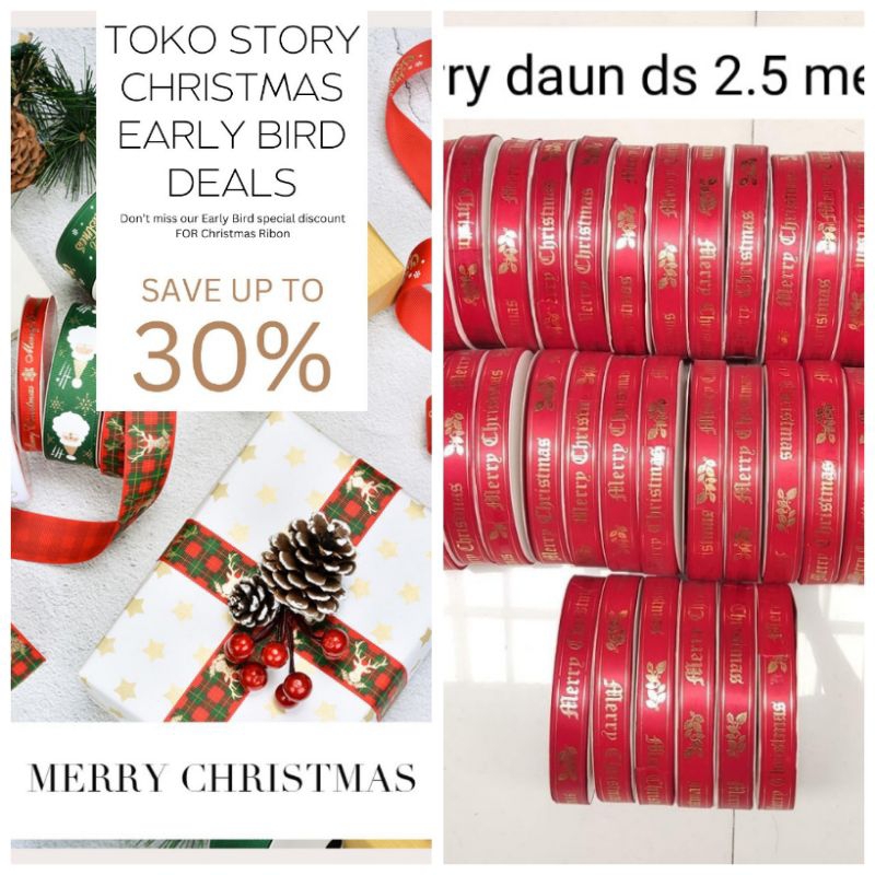 

1 ROLL - PITA NATAL MERRY CHRISTMAS / MERRY CHRISTMAS MOTIF DAUN / BAHAN SATIN