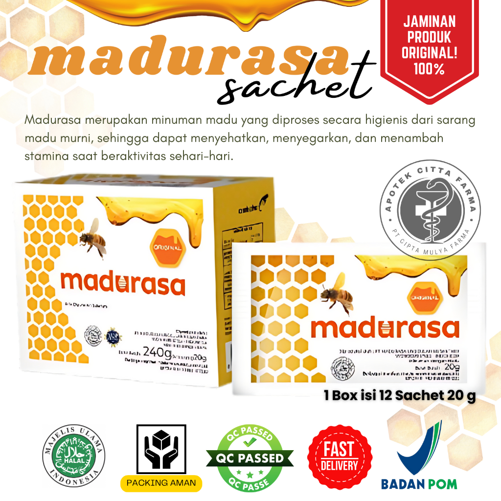 

MADURASA ORIGINAL SACHET 1 BOX ISI 12 SACHET 20 G MINUMAN MADU - MADU OLESAN - MADU SACHET - MADU MURNI