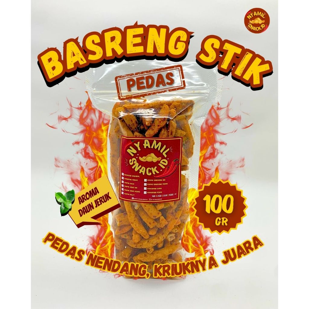 

NYAMILSNACK Basreng Stik Pedas Keripik Pedas Gurih Asin Jeletot Bastik Baso Goreng Pedas Daun Jeruk Snack Kiloan 100 GR