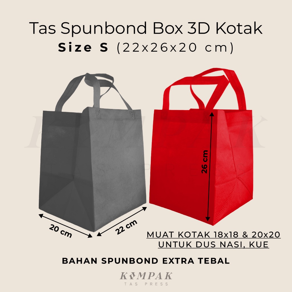 

1 LUSIN/12 PCS - Tas Spunbond Press Box 3D Kotak 22x26x20 cm Kantong Goodie Bag Dus Kue Nasi Bento Hantaran 18x18 20x20 cm