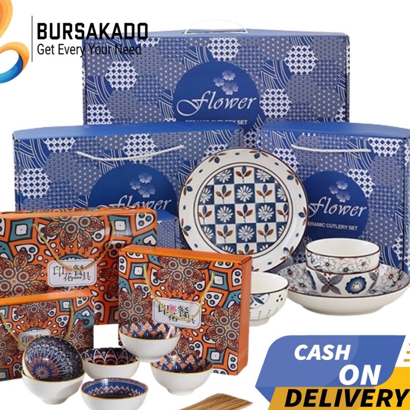 KP8 Mangkok set Japanese Bowl Set premium  Mangkuk Gift Keramik Flowers Japanese Bowl
