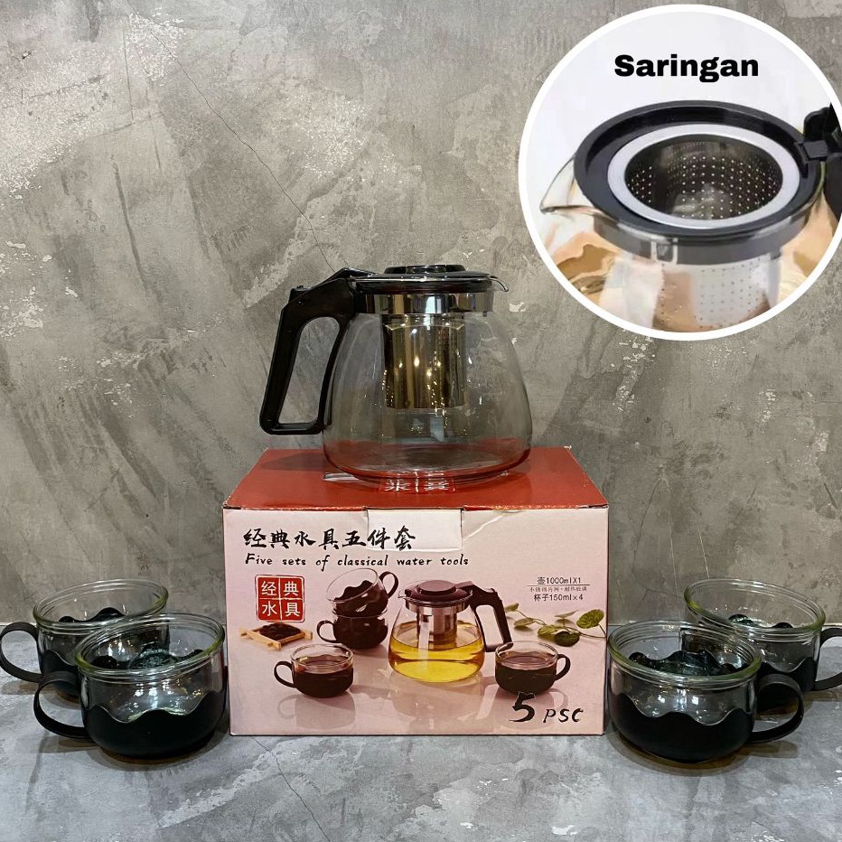 KP8 TJ721 Teapot Saringan 5 in 1 Kaca Teapot kaca set Cangkir 5pcs