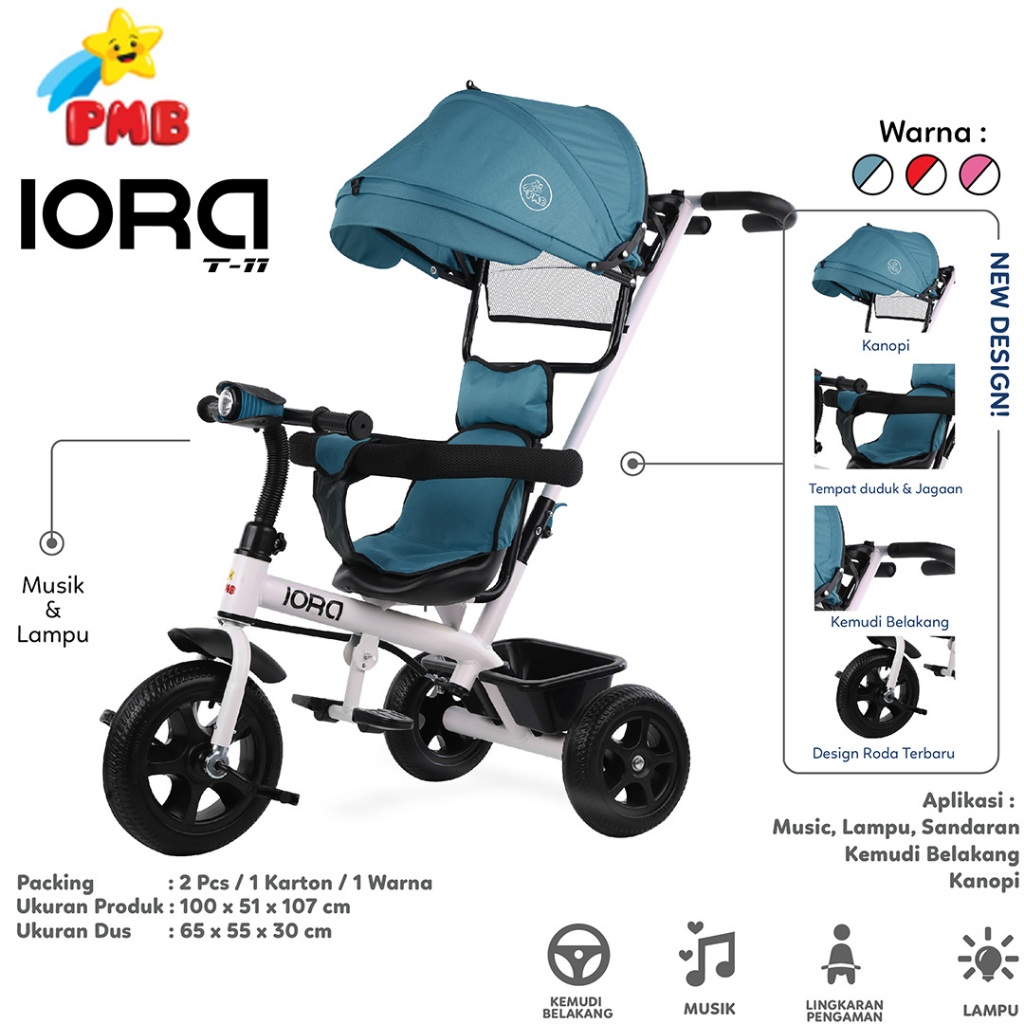 SEPEDA RODA TIGA IORA T11 // Sepeda Anak Canopy // Sepeda Bisa Di Kemudikan T11