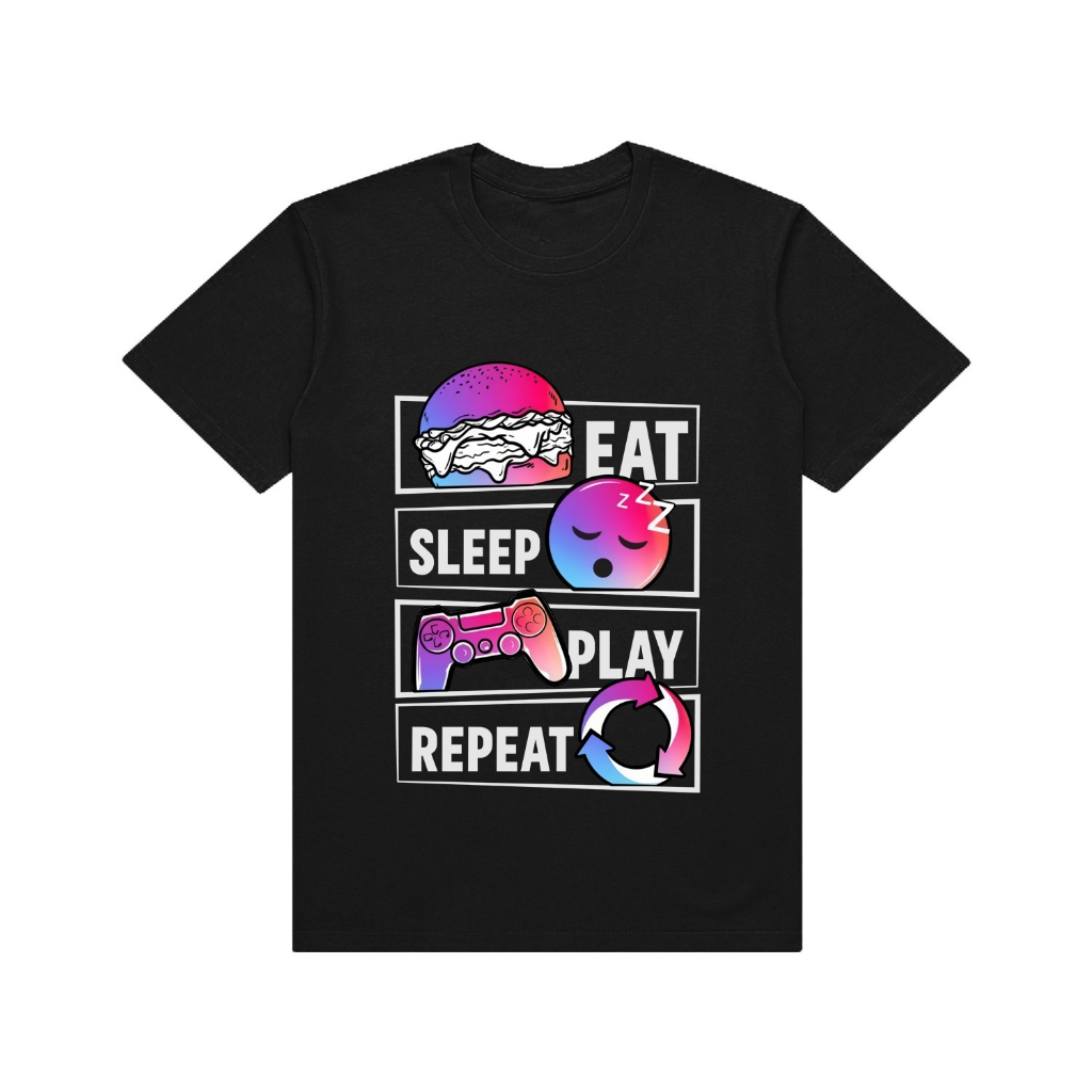 Kaos Eat Sleep Game Sayap Burung Absolute Good Vibes Astronot Hitam