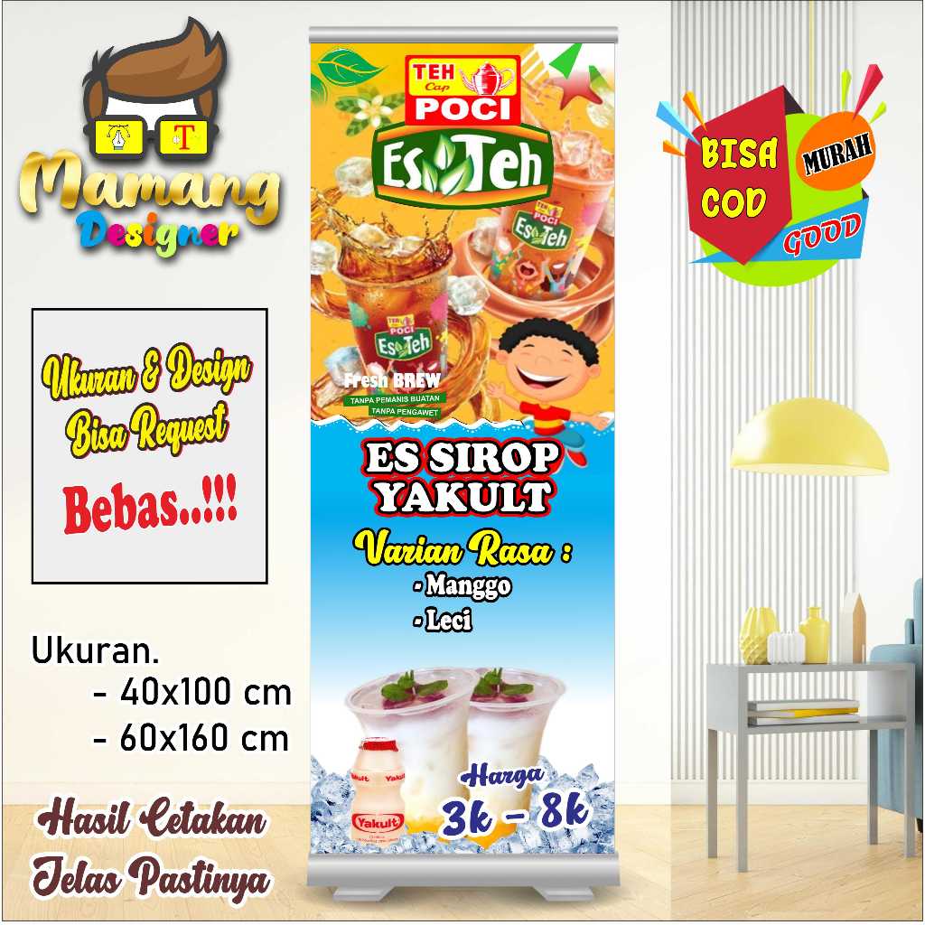 Cetak Spanduk Banner Jualan Es Teh Poci dan Es Sirup Yakult bb