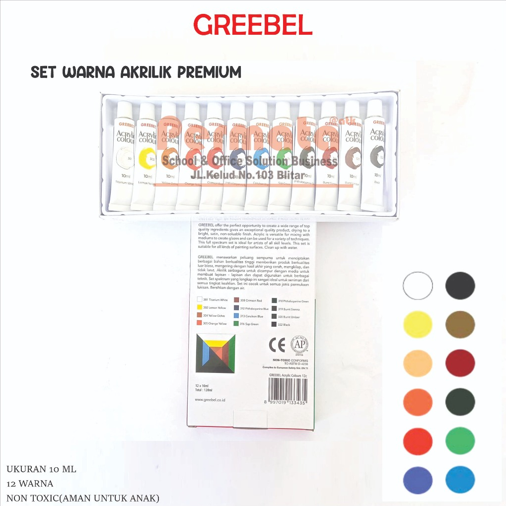 

GREEBEL Cat Lukis Akrilik/Cat Akrilik Colour Kanvas 10 ML 12 Warna/Acrylic Paint Color/Cat Lukis Canvas