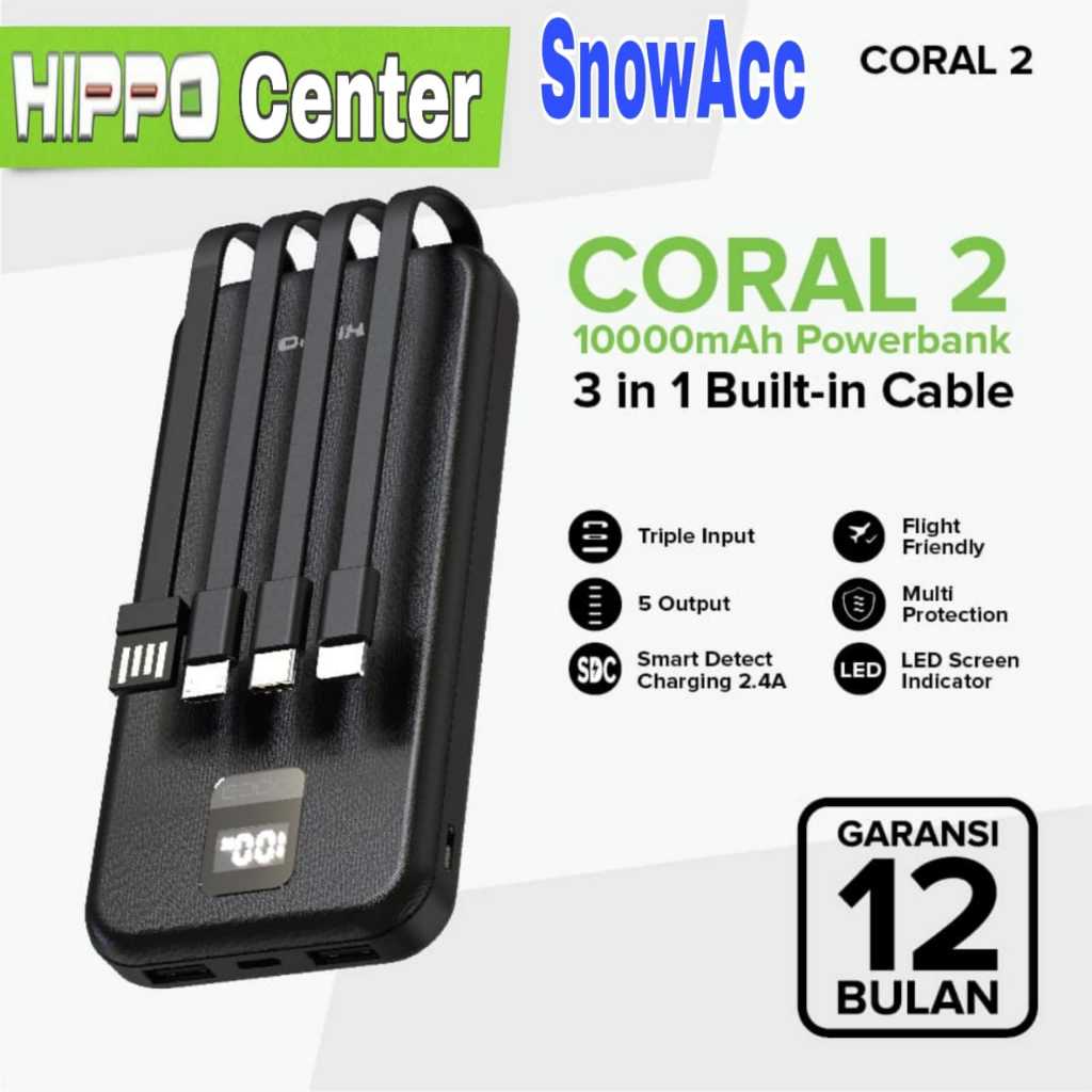 Hippo Power Bank CORAL 2 10000MAH 3 in 1 Kabel Built in Smart Detect Charger