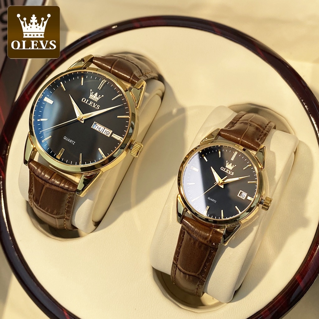 OLEVS Jam Tangan Couple Original Kulit Tahan Air Analog Terbaru Kalender Kuarsa Watch Couple