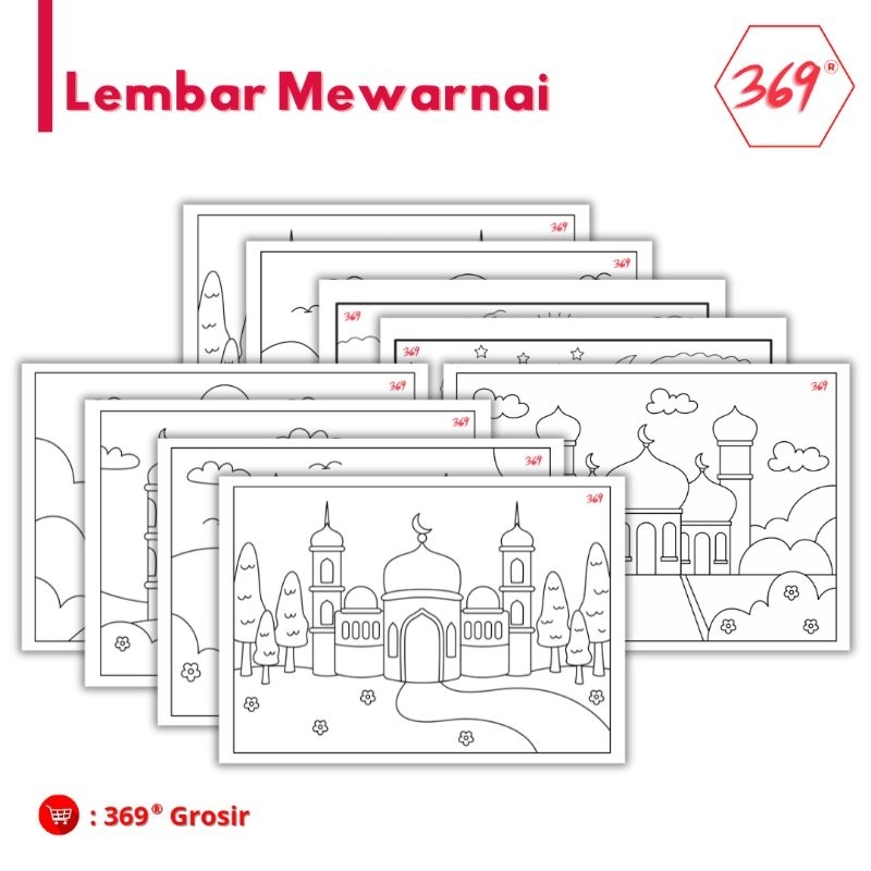 

369 | Lembar Mewarnai Tema Masjid - Size A4 - 1pc - Lembar Kerja Anak TK SD Paud Muslim Muslimah