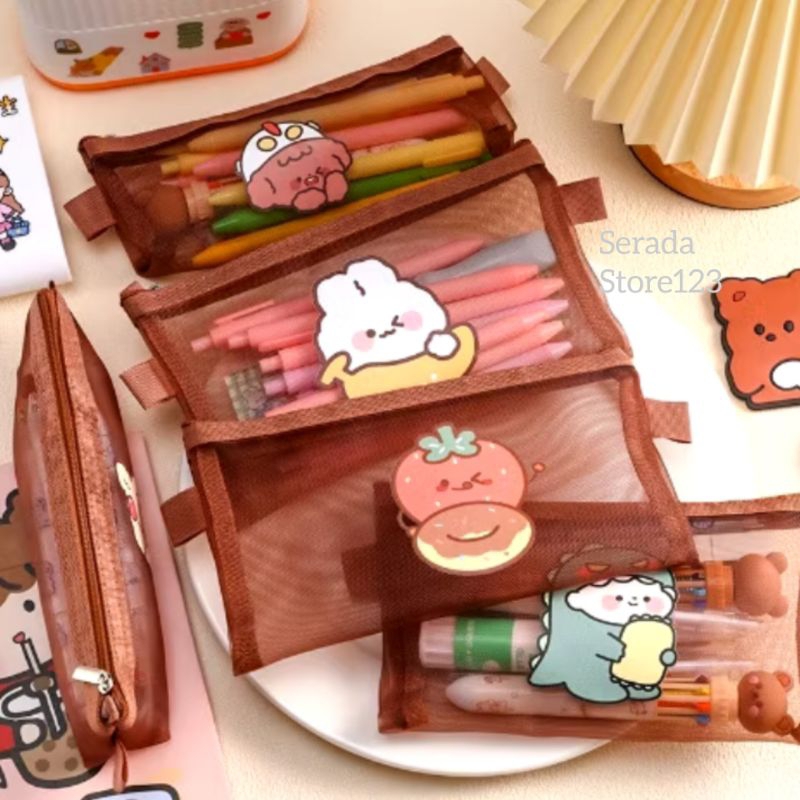 

Tempat Pensil Jaring Motif Lucu Zipper Coklat / Dompet Pouch Serbaguna Karakter