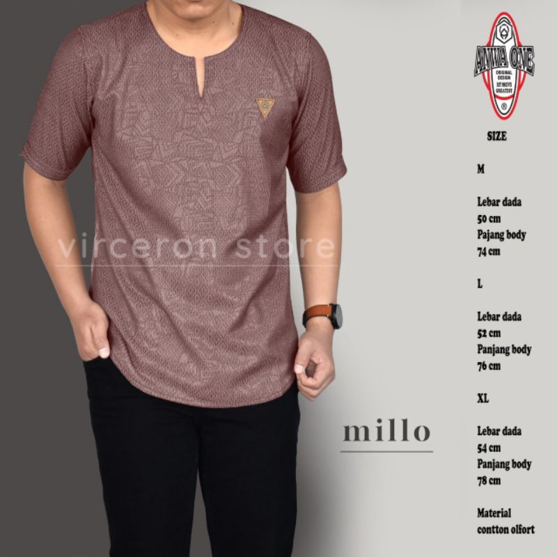 Baju Koko Kurta Pria Lengan Pendek Model Kerah Oblong Bahan Catton Olfort Warna Millo Cream Abu Navy