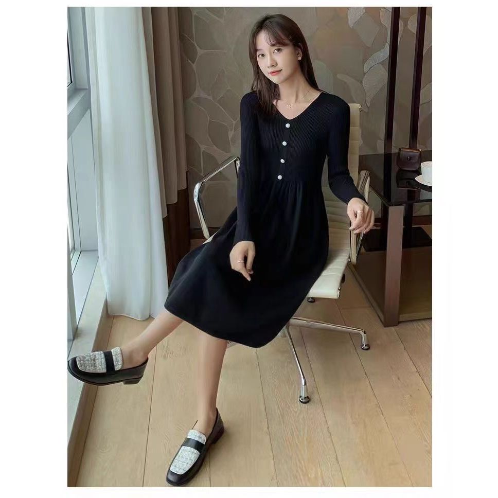 Dress Wanita Rajut Gaya Inggris/VRok Wol Lengan Panjang, Rok Wol Ketat Gaya Korea Kerah