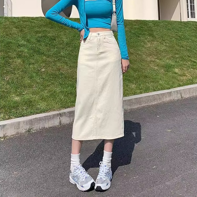 rok denim high waist wanita Rok belahan warna polos kasual serbaguna ala Korea