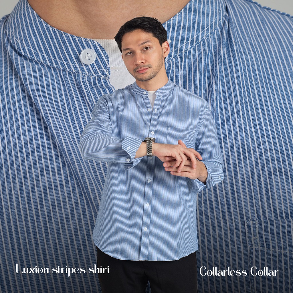 Kemeja Garis Pria WOODCUTTER Collarless Luxton Stripes Kerah Shanghai - Denim Blue Lengan Panjang