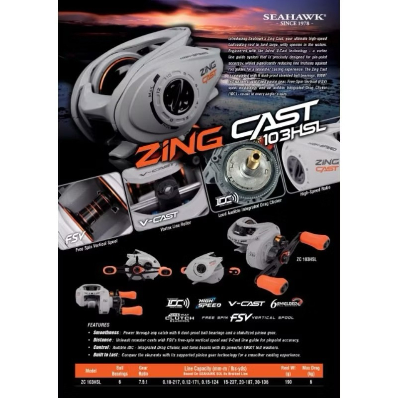 Reel BC Seahawk Zing Cast 103HSL - Drag Clicker Bunyi Zing